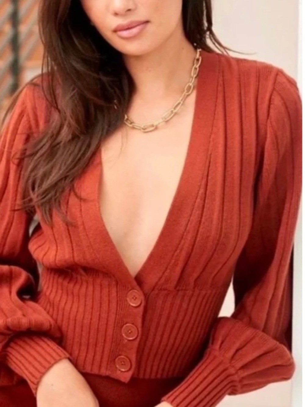 WILFRED wool Deep V Ribbed Button-Front Sweater Cardigan - Rust XS